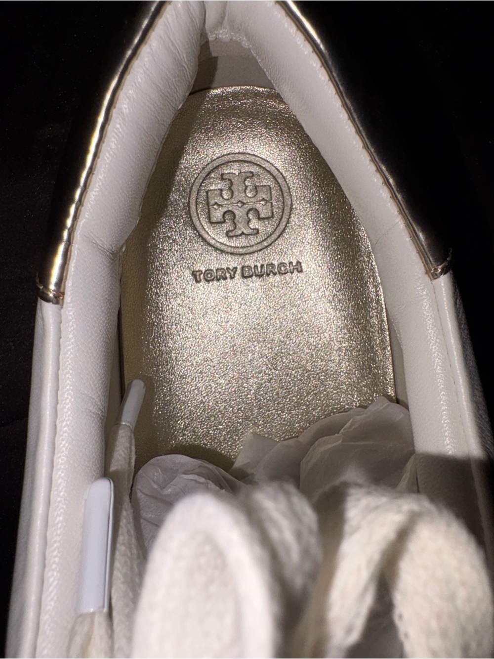 Tory Burch White Sneakers with Gold Sequin Stripe - Picture 4 of 5